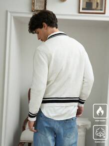 Manfinity EZcore 男士休闲学院风条纹边饰长袖毛衣，秋冬款 - 白色 - 查看 2