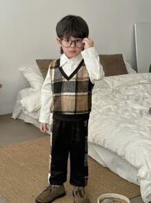 SHEIN 2 件套年轻男孩休闲格子拼布长袖上衣和裤子套装，春秋季 - 彩色 - 查看 11