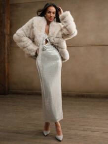 Anewsta Women's Elegant Fluffy Collar Short Jacket - Beige - View 5