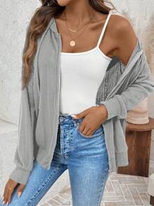 SHEIN LUNE Women Asymmetrical Distressed Ribbed Zip-Up Hooded Sweatshirt, For Spring-Summer-Fall-Winter - Grey - View 4