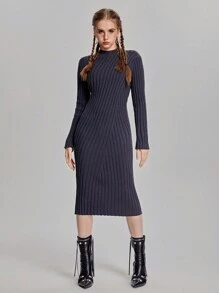 SHEIN Explorewe Teen Girl Solid Color Stand Collar Long Sleeve Sweater Dress - Apricot - View 3