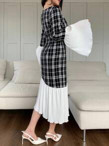 Modelyn 女式优雅格子 V 领喇叭袖荷叶边下摆长款连衣裙，适合春秋季节 - 彩色 - 查看 2