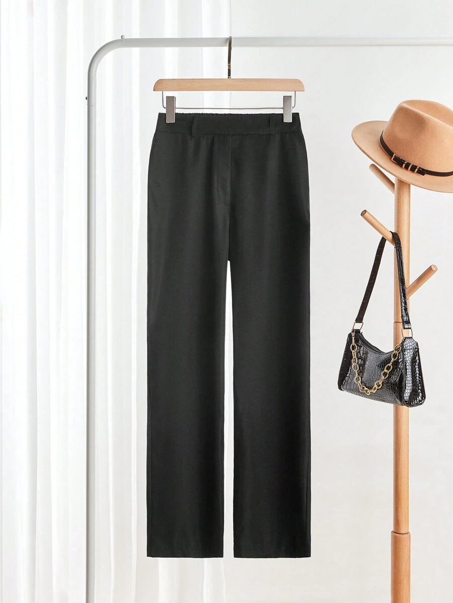 SHEIN Clasi Women Casual Solid Color Elastic Waist Straight Leg Pants - Black - View 1