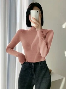 DAZY Áo thun nữ cổ cao đơn giản có lỗ xỏ ngón tay cái, áo nữ dài tay mùa thu, quần áo nữ mùa thu - Hồng - Xem 3