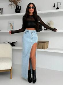 RueChic WOMEN DENIM MAXI ASYMMETRIC SLASH DETAIL SKIRT - Medium Wash - View 4