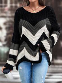 SHEIN LUNE Women's Autumn & Winter Loose Round Neck Striped Dropped Shoulder Long Sleeve Sweater Knit Pullover Fall - Grey - View 6
