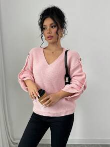 SHEIN Unity Women's Casual V-Neck Loose Drop Shoulder Long Sleeve Sweater, Autumn/Winter, Knit Pullover Fall - Pink - View 4