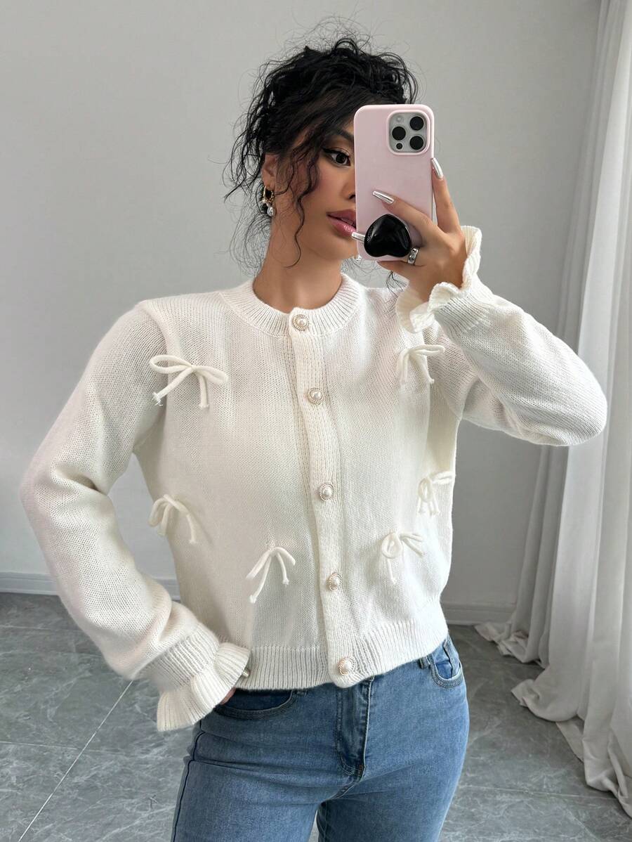 Chiquease Chaqueta de punto de manga larga con decoración de lazo, para otoño/invierno, tops de manga larga para mujer