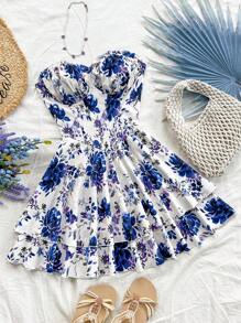 Soleia 女士度假蓝白花卉印花吊带 A 字迷你连衣裙 - 彩色 - 查看 1