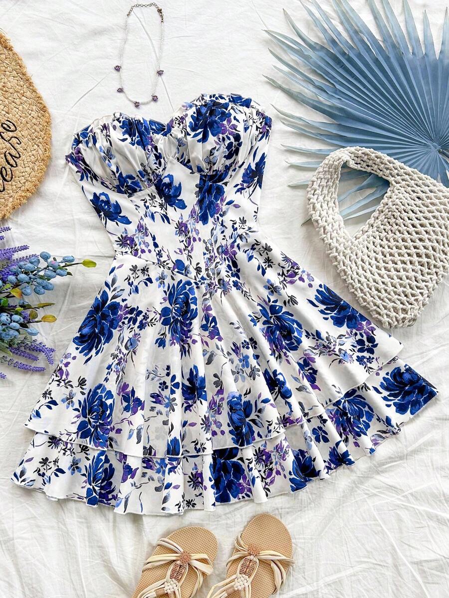 Soleia 女士度假蓝白花卉印花吊带 A 字迷你连衣裙 - 彩色 - 查看 1