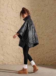 VARSIVA 高领拉链蝙蝠袖黑色亮面宽松休闲女士运动加厚外套雨披女式防渗透雨披 - 黑色 - 查看 3