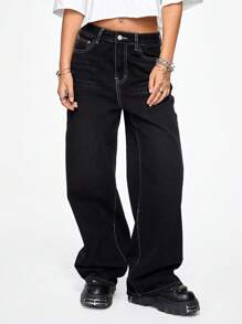 ROMWE Grunge Punk Women's Halloween Cross & Vine Wing Print Wide Leg Boy Friend Jeans