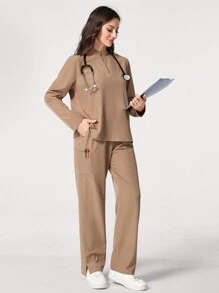 TaskEZ 1set Solid Long Sleeve Top And Pants Nursing Scrub Uniform Set - Khaki - View 6