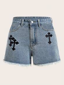 ROMWE Grunge Punk Cross Embroidery Raw Hem Denim Shorts, School - Light Wash - View 5