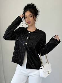 Chiquease Women's Round Neck Sparkling Long Sleeve Short Jacket For Party, Autumn & Winter