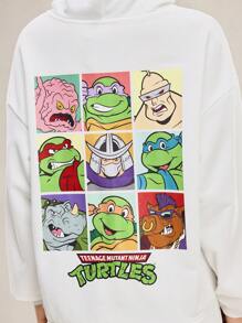 TEENAGE MUTANT NINJA TURTLES | SHEIN Women's Casual Cartoon & Slogan Print Drop Shoulder Loose Pouch Pocket Drawstring Hoodie Sweatshirt, Spring Autumn