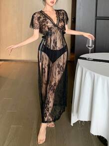 DAZY 蕾丝边 V 领系带透视深 V 领性感睡袍，适合外出穿着 - 黑色 - 查看 7