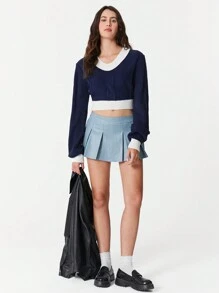SHEIN EZwear Women's V-Neck Color Block Cropped Fitted Sweater In Blue And White, Autumn/Winter - Blue and White - View 4