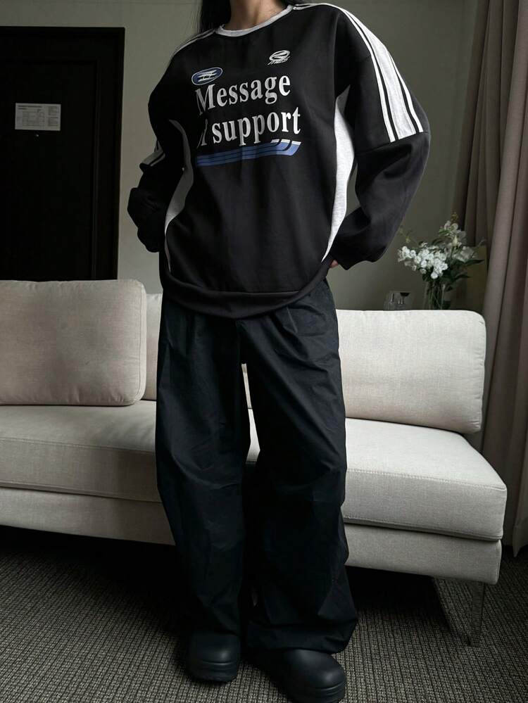 Women's Loose Fit Round Neck Letter Print Color Block Casual Sweatshirt, Autumn