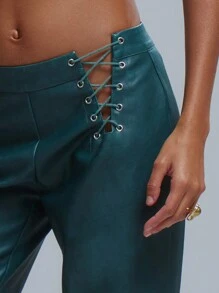 MUSERA 系带侧边直筒PU裤 伊比沙波西米亚风 夏季性感时尚 优雅 - 淺藍色 - 查看 5