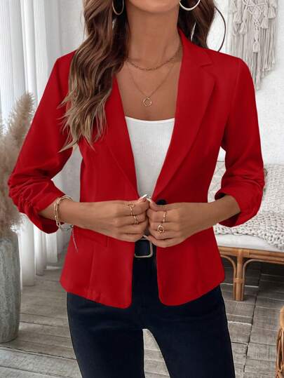 Solid Color Pocketed Single-Button Cuff Hem Pleated Women Blazer For New Year Clothes