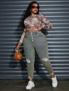 SHEIN Essnce Plus Size Autumn Casual Cat Whisker Distressed Skinny Jeans - Yellow - View 5