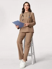 TaskEZ 1set Solid Long Sleeve Top And Pants Nursing Scrub Uniform Set - Khaki - View 4