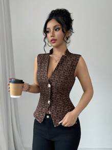 Chiquease Textured Jacquard V-Neck Vest Suit Jacket - Brown - View 5