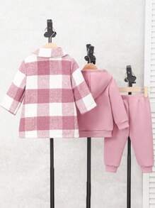 SHEIN Bộ áo khoác kẻ caro cổ điển thoải mái cho bé gái kèm áo nỉ và quần thời trang, Thu/Đông - Hồng - Xem 2