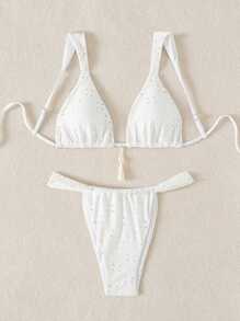 SHEIN Swim Conjunto de bikini de camiseta y tanga de unicolor sexy con textura hueca para el verano - Blanco - Ver 6