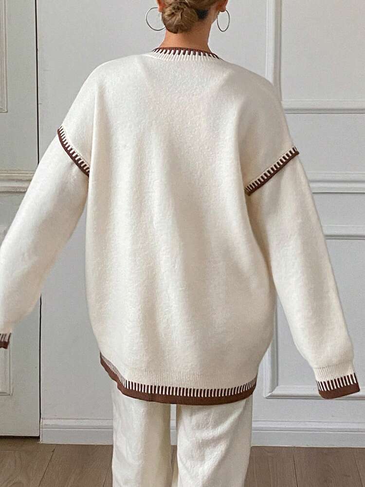 Patchwork Color Block Loose Fitted V-Neck Long Sleeve Sweater For Women,Fall Women Clothes