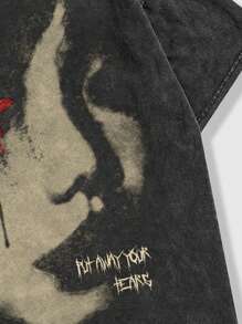 ROMWE MEN Street Life Men's Portrait Print Crinkle Dye Short Sleeve Y2k T-Shirt, Suitable For Daily Wear In Spring And Summer, School - Black - View 3