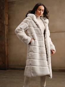 Anewsta 新款秋冬蓬松外套，长款时尚女式仿兔毛夹克 - 杏色 - 查看 6