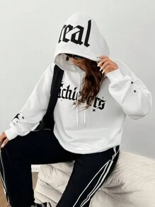 SHEIN EZwear 女士休闲字母印花抽绳连帽运动衫，春秋季 - 白色 - 查看 3