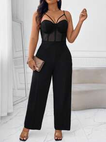 SHEIN Privé 加大码纯色网眼撞色镂空口袋无袖连体裤 - 黑色 - 查看 5