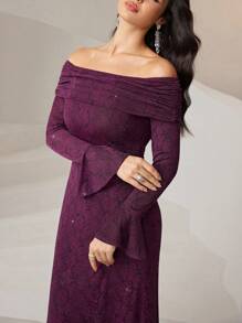 Modelyn Women's Solid Color Off Shoulder Ruffle Elegant Long Sleeve Dress Long Evening Dresses