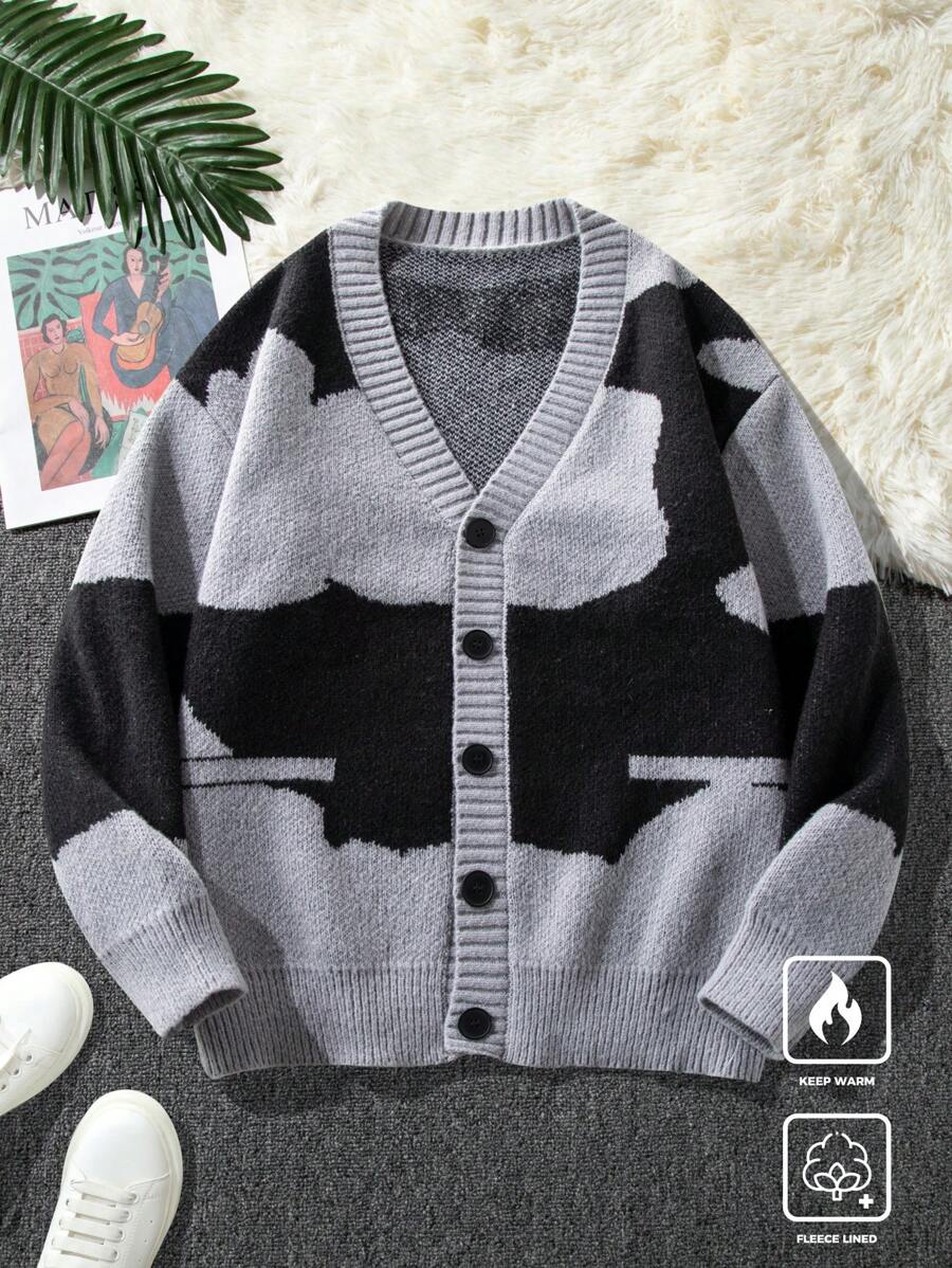 Manfinity Hypemode Áo khoác cardigan cài nút màu rộng rãi thoải mái cho nam, mùa thu đông - Xám - Xem 1