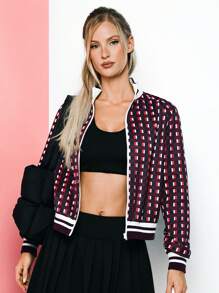 VARSITIE Chaquetas deportivas de mujer de estilo retro con cuello alto, mangas largas e impresión a cuadros