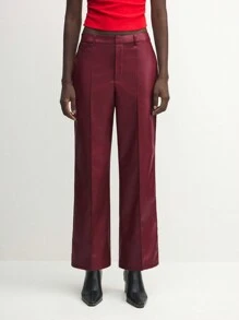 BizChic 女士纯色 PU 皮裤，带口袋，优雅直筒裤，秋冬季，适合圣诞节 - 酒紅色 - 查看 3