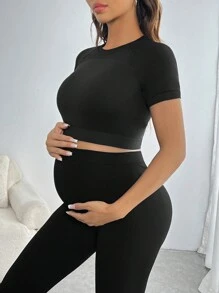 SHEIN Maternity Plain Crew Neck Ribbed Texture Short Sleeve Activewear Top - Black - View 6