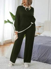 Calvaya Bộ quần áo len dài tay cổ tròn màu tương phản cỡ lớn và quần dài, mùa đông - xanh quân đội - Xem 4