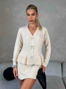 Chiquease 2pcs Women's Solid Color Bow Decor Long Sleeve Ruffle Cardigan And Knitted Midi Skirt Casual Set, Fall/Winter