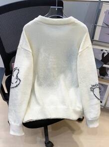 SHEIN Casual Loose Comfortable Versatile Warm Cute Fingerprint Pattern Crewneck Sweater For Teen Boys, Suitable For Autumn, Winter, Home And Outings - White - View 2