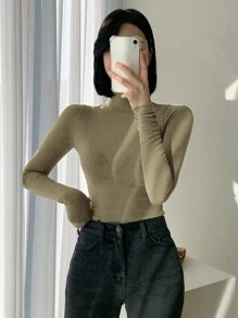 DAZY 女士纯色修身高领长袖休闲T恤，春秋季女装保暖内衬 - 卡其色 - 查看 3