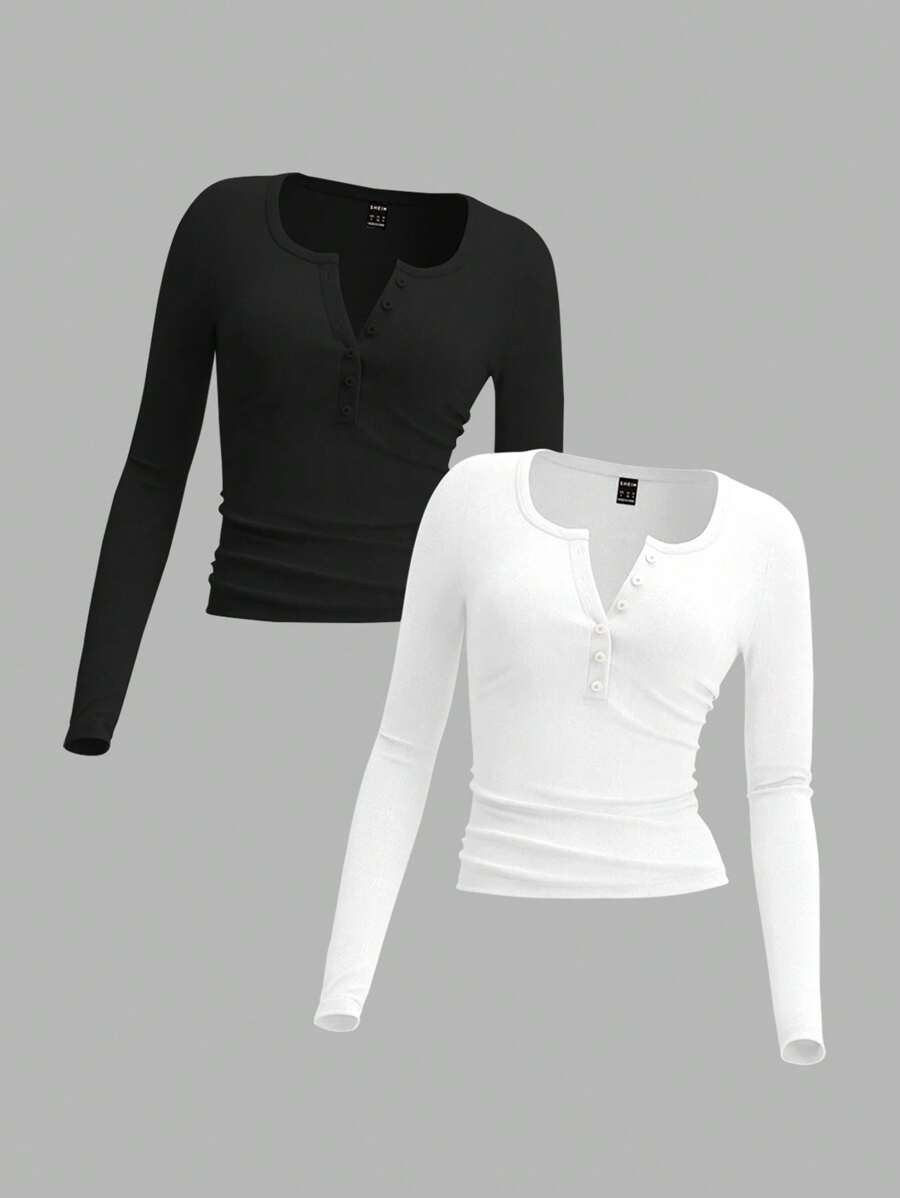 SHEIN EZwear Áo thun dệt kim đen trắng tối giản giản dị, cỡ lớn, phù hợp cho mùa thu và đông - Nhiều màu - Xem 1