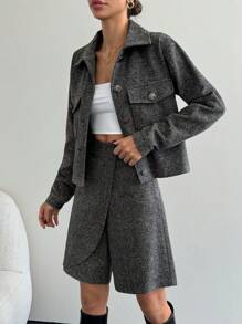 SHEIN Tall Women's Flap Detail Crop Jacket & Wrap Skort - Multicolor - View 1