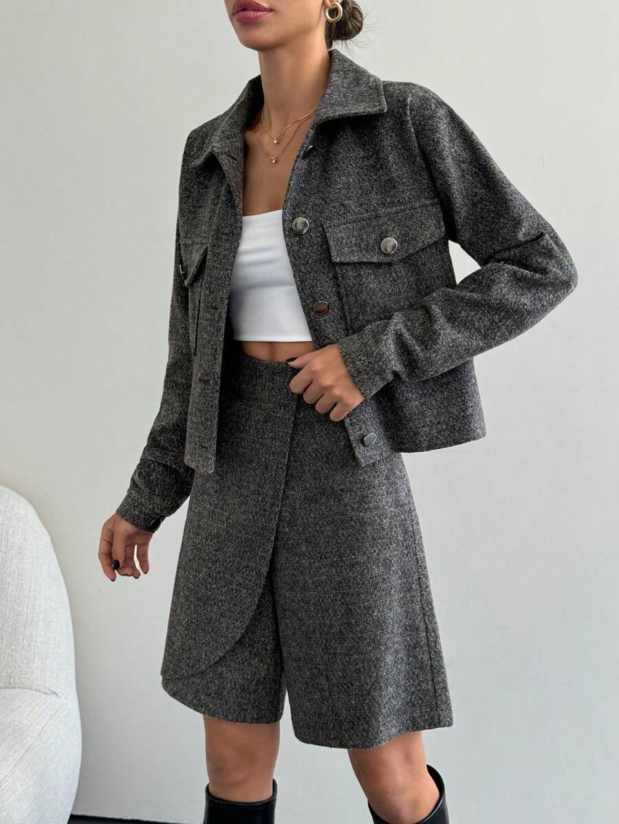 SHEIN Tall Women's Flap Detail Crop Jacket & Wrap Skort - Multicolor - View 1