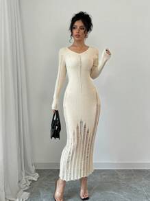 Chiquease Váy dài vừa phải thanh lịch cho nữ, mùa thu - Màu be - Xem 5