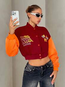 SHEIN ICON Chaqueta de béisbol corta para mujer con mangas holgadas de PU, parches, tela de felpa, bordado y aplicaciones decorativas - Rojo - Ver 1