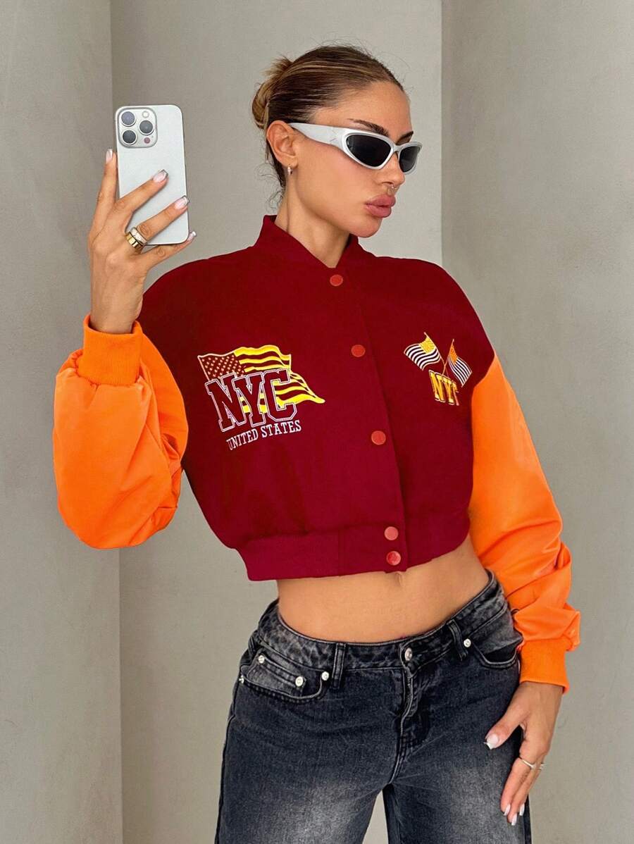 SHEIN ICON Women Loose PU Sleeve Patchwork Plush Fabric Embroidery Applique Decor Cropped Baseball Jacket - Red - View 1